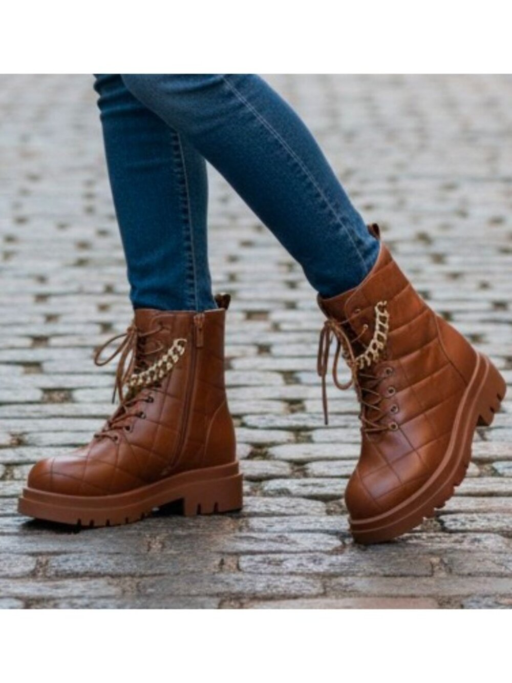 Quilted Faux Leather Lace-Up Combat Boots With Gold Chain Accent - Brown